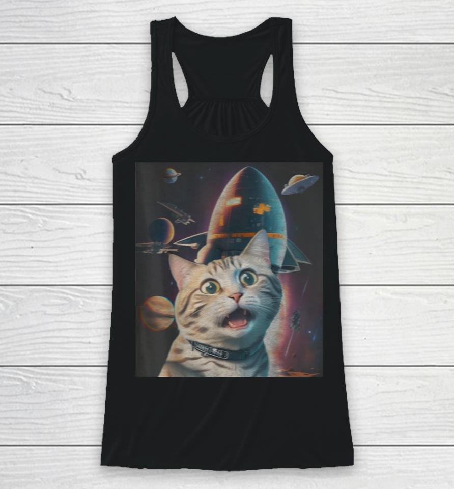 Funny Cat Selfie With Flying Objects In Space Pet Cats Lover Racerback Tank