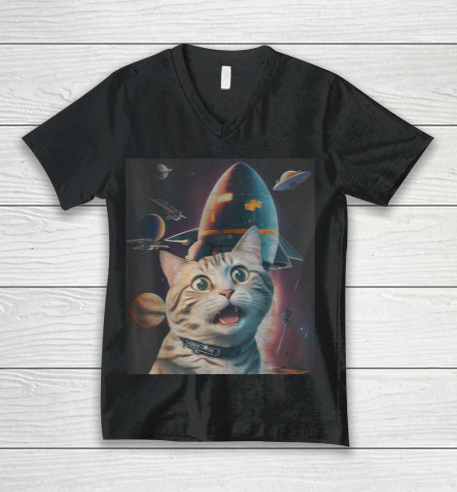Funny Cat Selfie With Flying Objects In Space Pet Cats Lover Unisex V-Neck T-Shirt