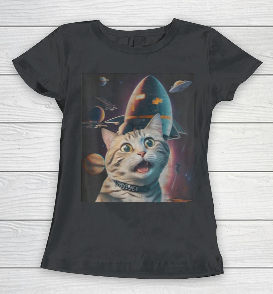 Funny Cat Selfie With Flying Objects In Space Pet Cats Lover Women T-Shirt