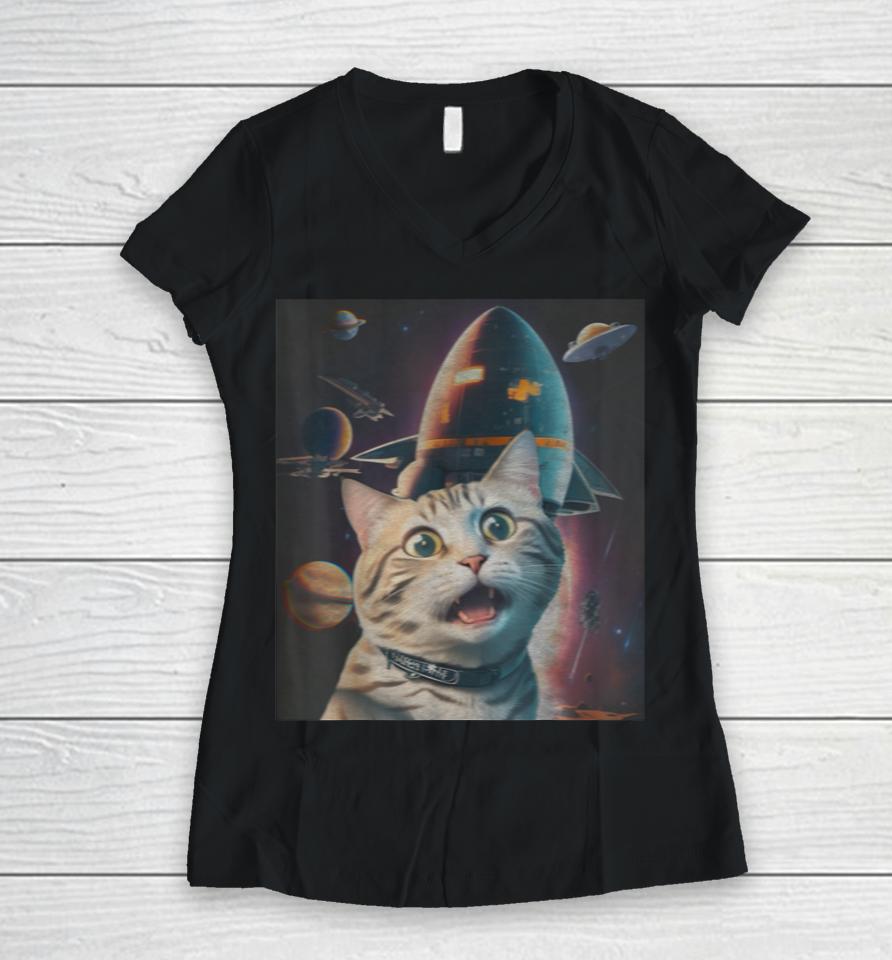 Funny Cat Selfie With Flying Objects In Space Pet Cats Lover Women V-Neck T-Shirt