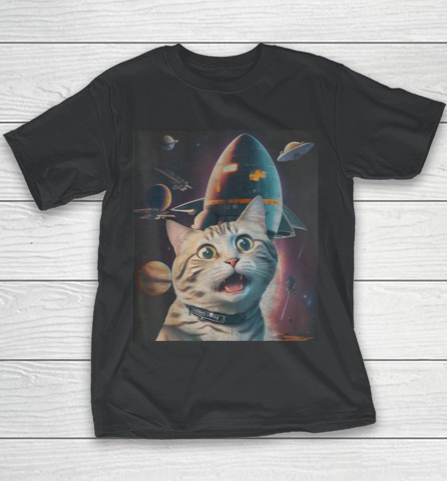 Funny Cat Selfie With Flying Objects In Space Pet Cats Lover Youth T-Shirt