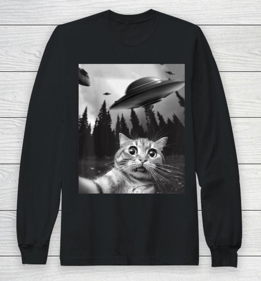Funny Cat Selfie With Ufos Long Sleeve T-Shirt