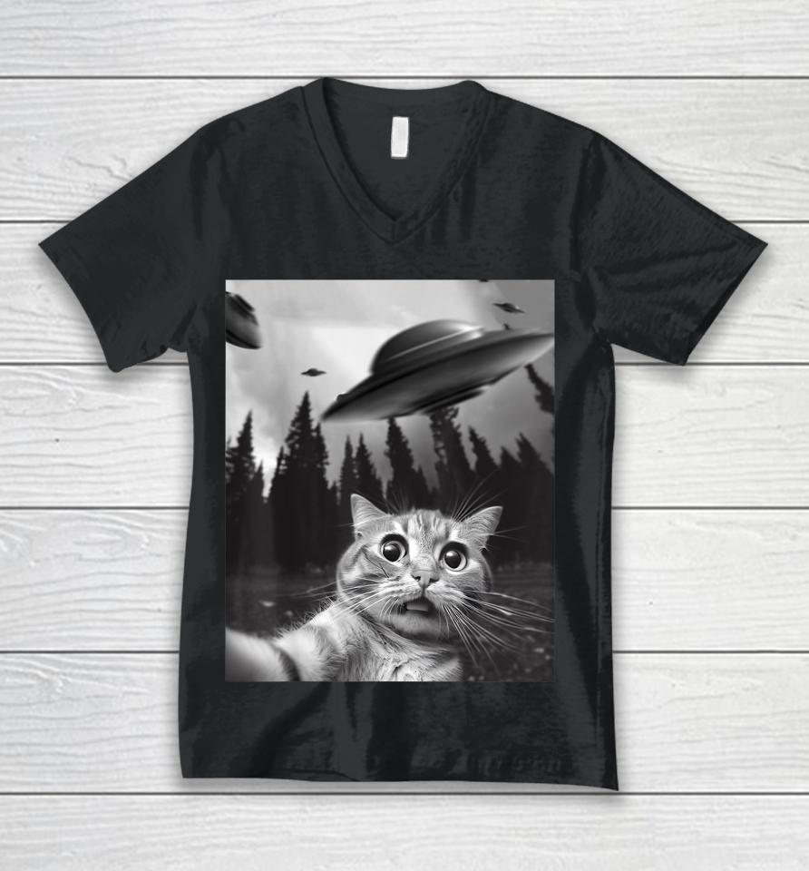 Funny Cat Selfie With Ufos Unisex V-Neck T-Shirt