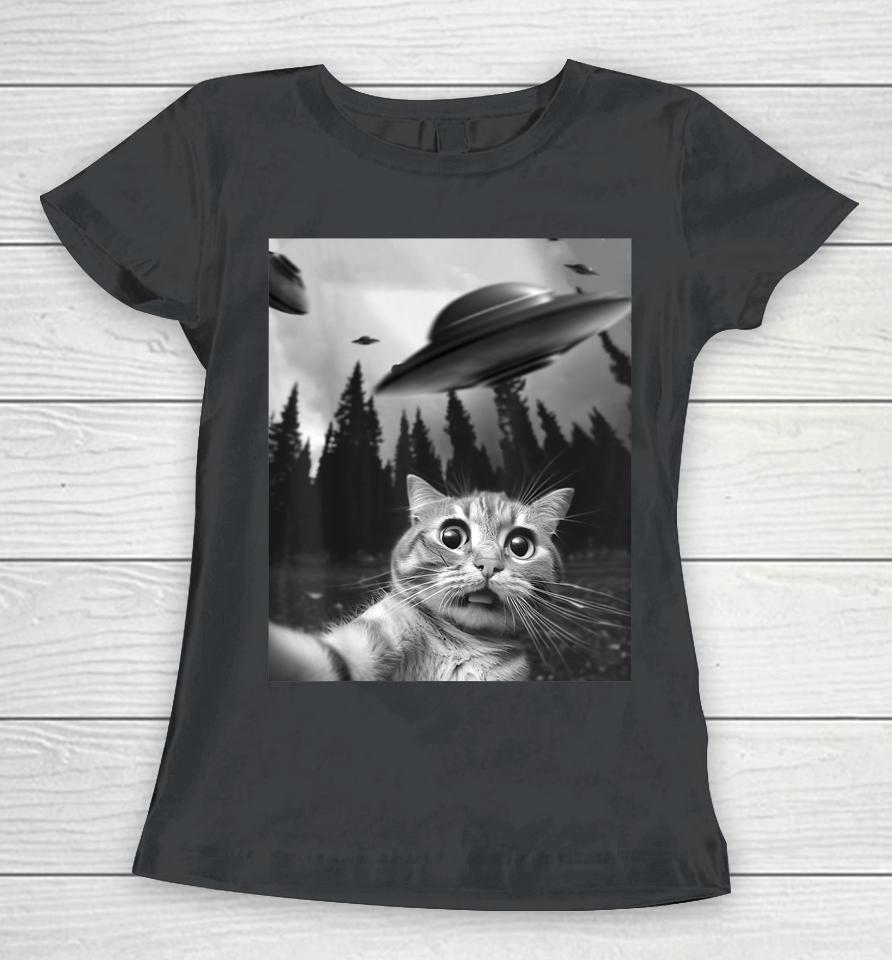 Funny Cat Selfie With Ufos Women T-Shirt