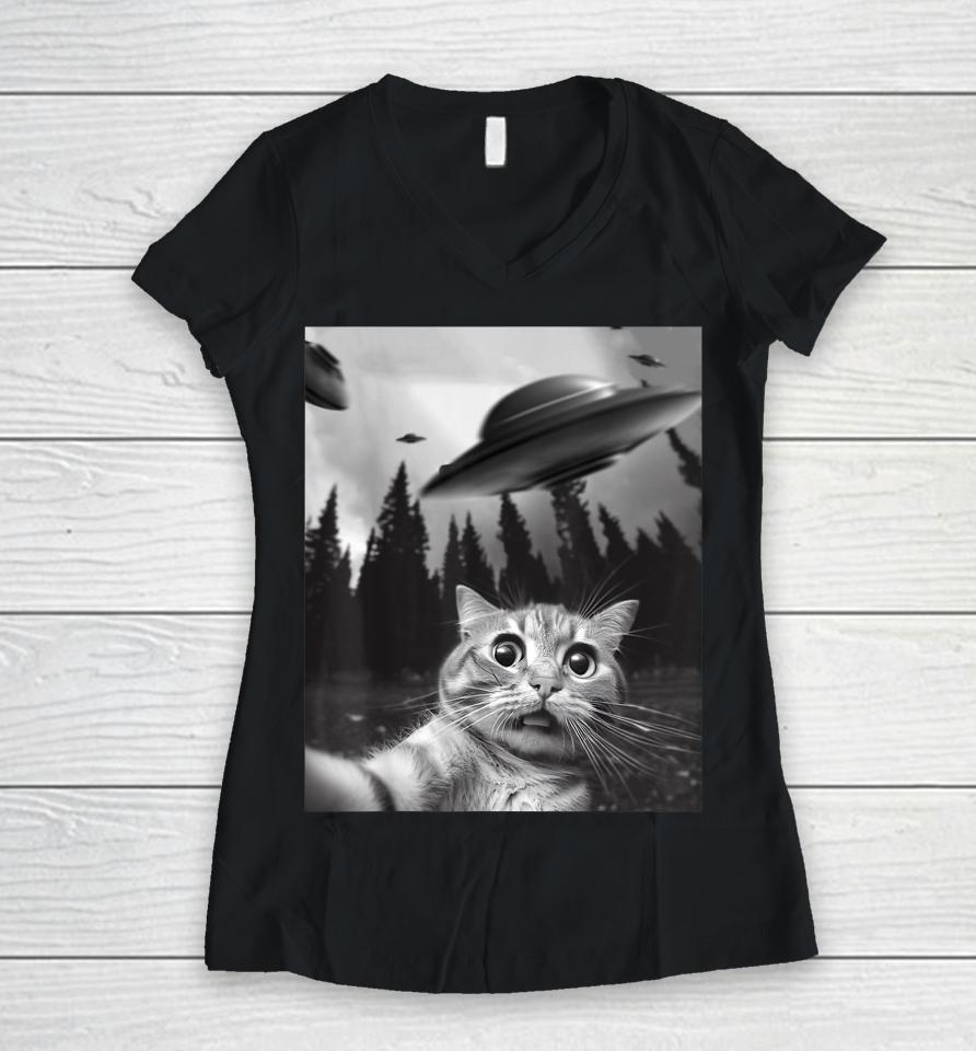 Funny Cat Selfie With Ufos Women V-Neck T-Shirt