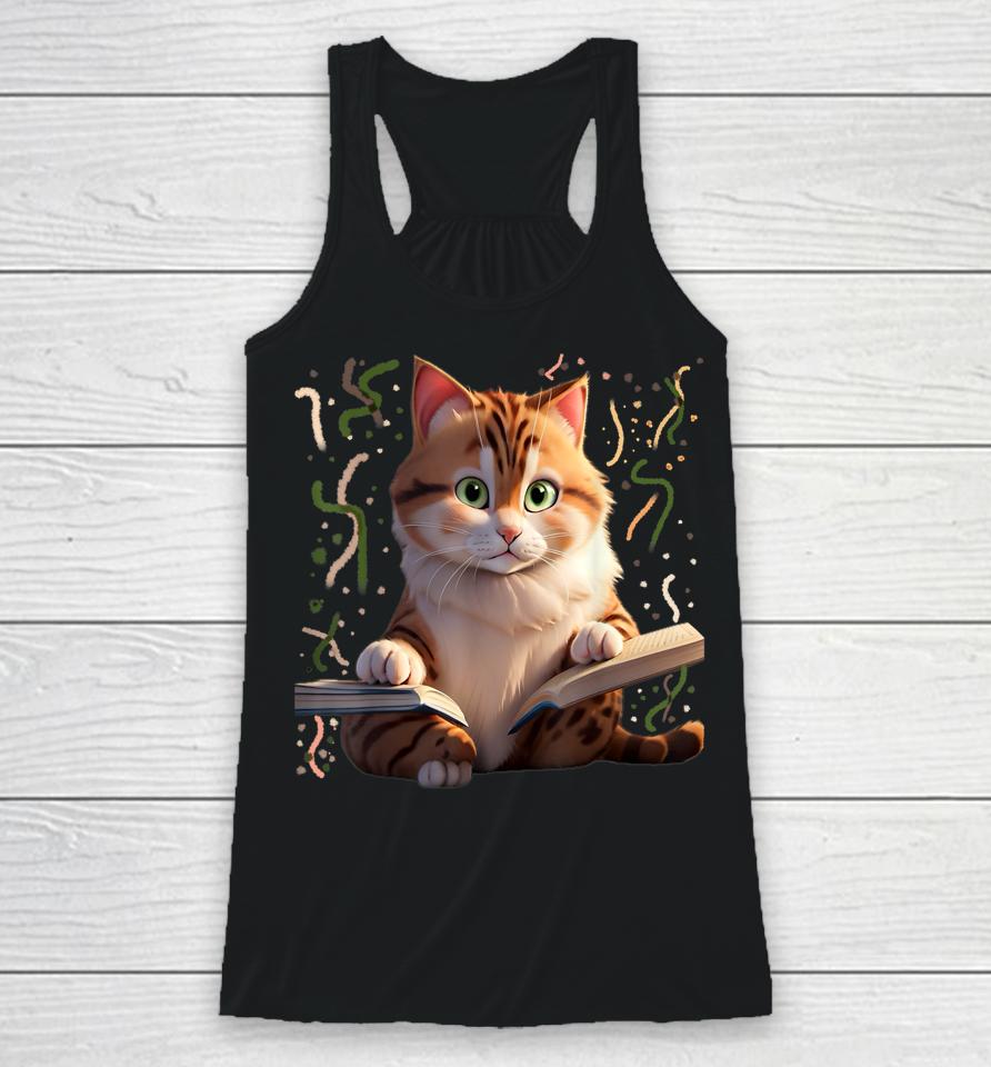 Funny Cats Reading A Book Graphic Cat Kitten Lovers Cat Mom Racerback Tank