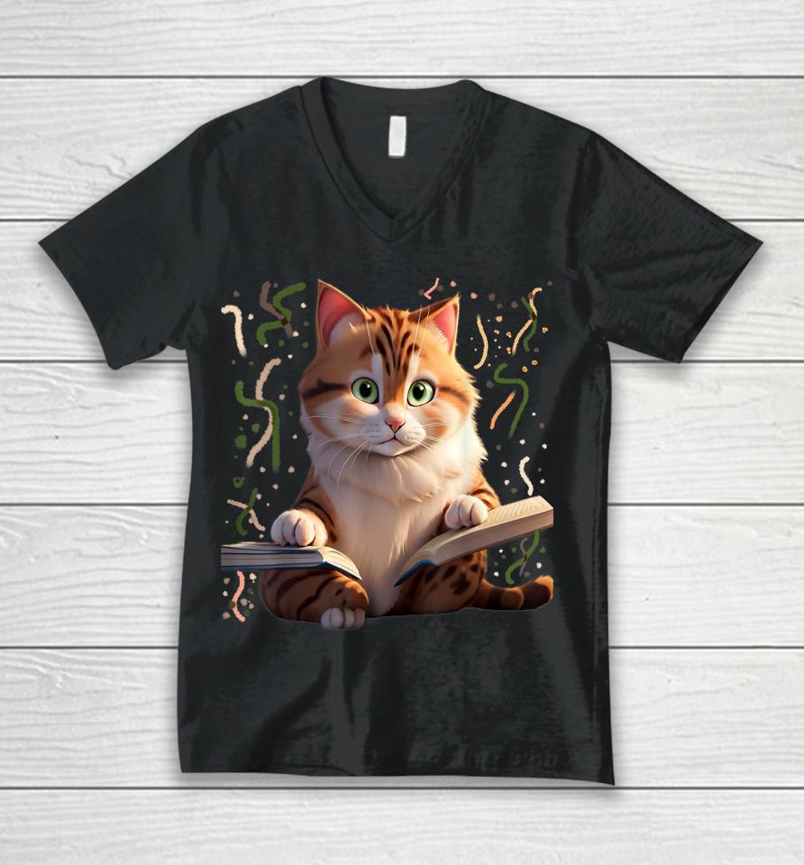 Funny Cats Reading A Book Graphic Cat Kitten Lovers Cat Mom Unisex V-Neck T-Shirt