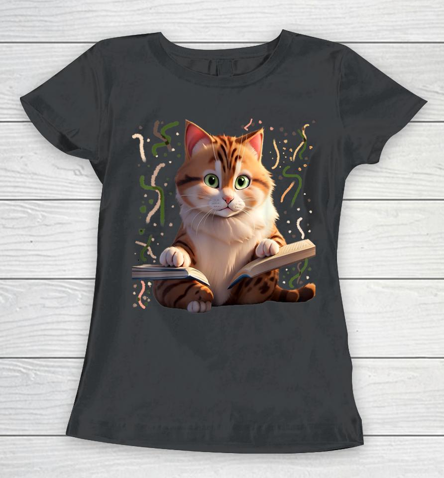Funny Cats Reading A Book Graphic Cat Kitten Lovers Cat Mom Women T-Shirt