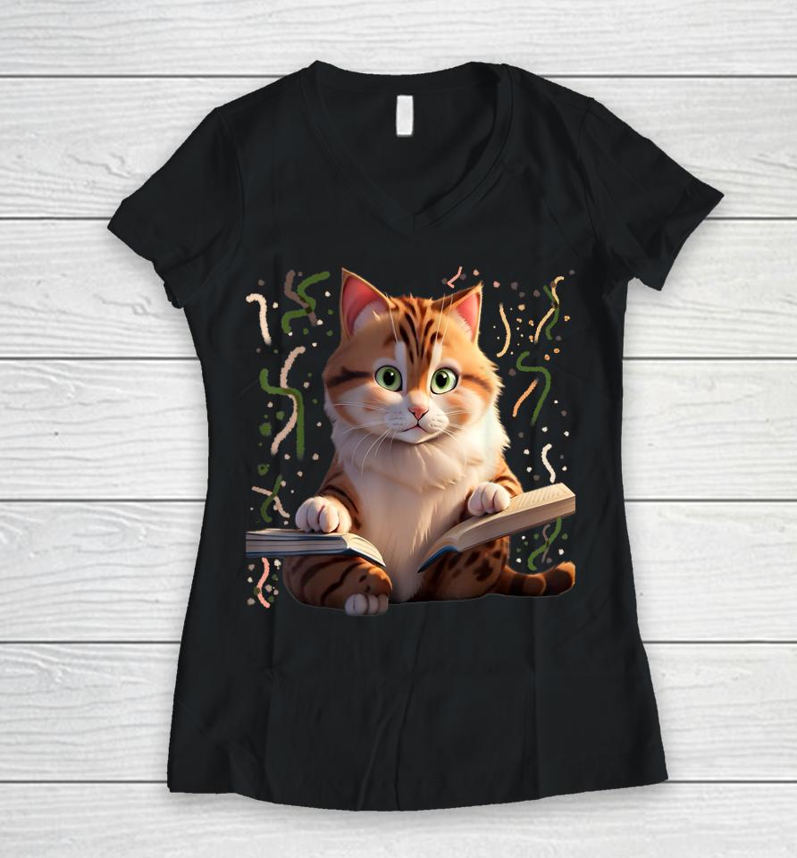 Funny Cats Reading A Book Graphic Cat Kitten Lovers Cat Mom Women V-Neck T-Shirt