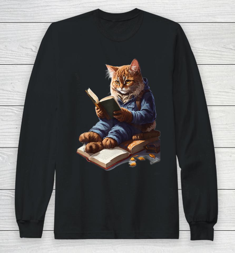 Funny Cats Reading A Book Graphic Cat Kitten Lovers Long Sleeve T-Shirt