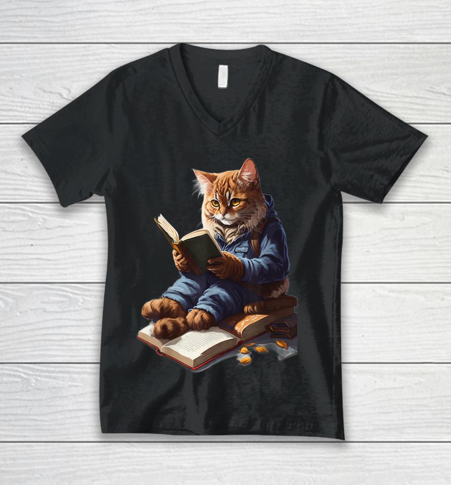 Funny Cats Reading A Book Graphic Cat Kitten Lovers Unisex V-Neck T-Shirt