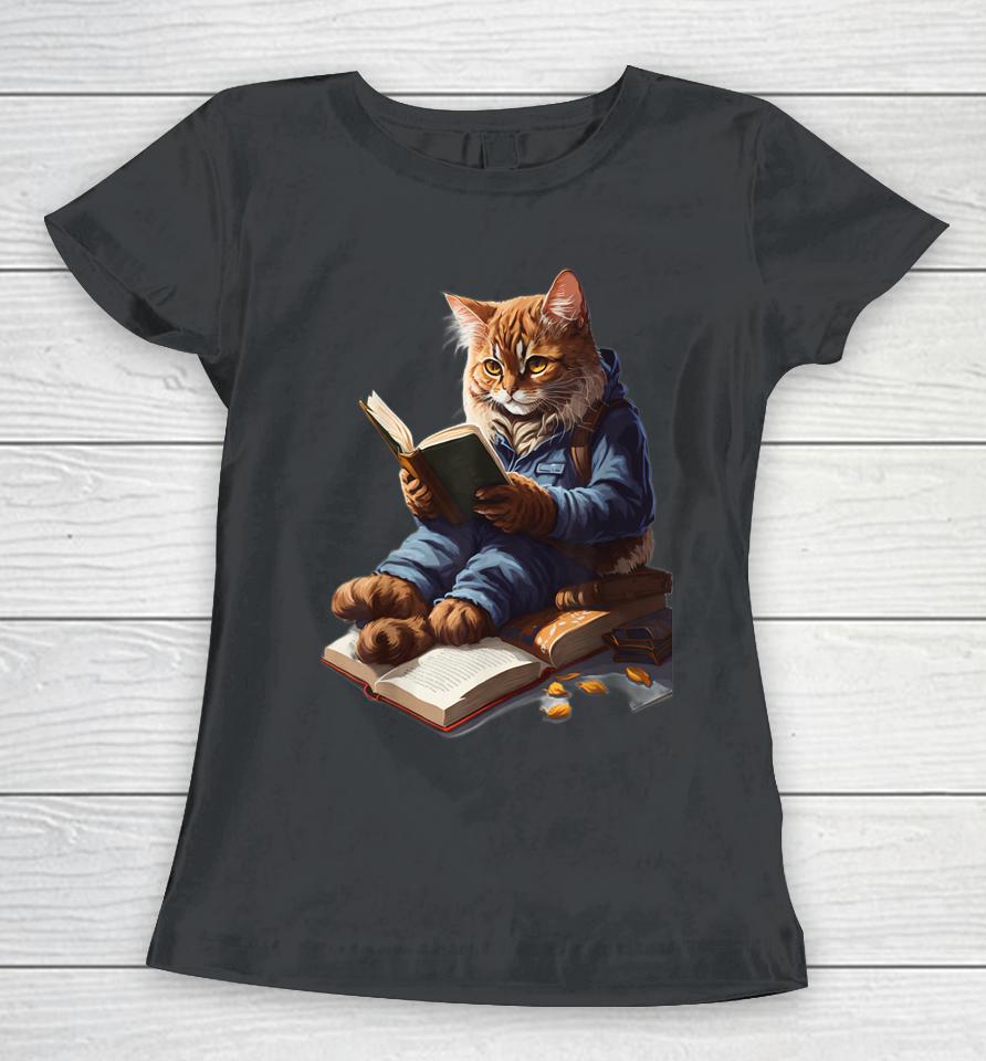 Funny Cats Reading A Book Graphic Cat Kitten Lovers Women T-Shirt