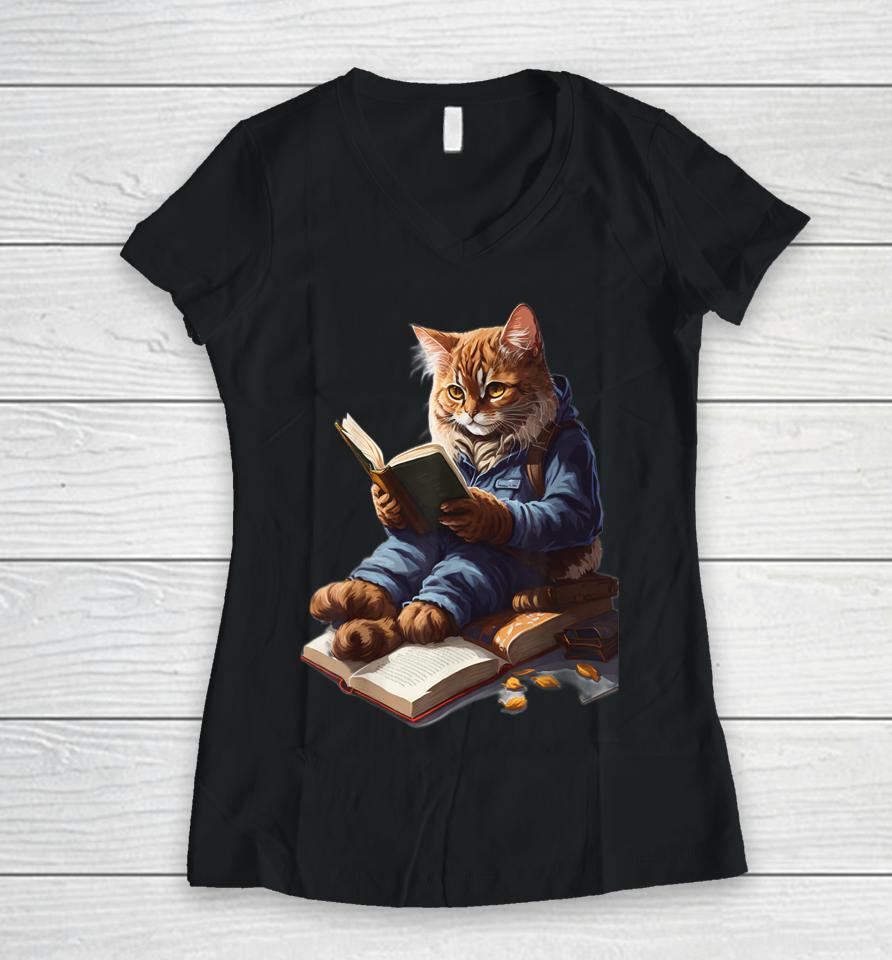 Funny Cats Reading A Book Graphic Cat Kitten Lovers Women V-Neck T-Shirt