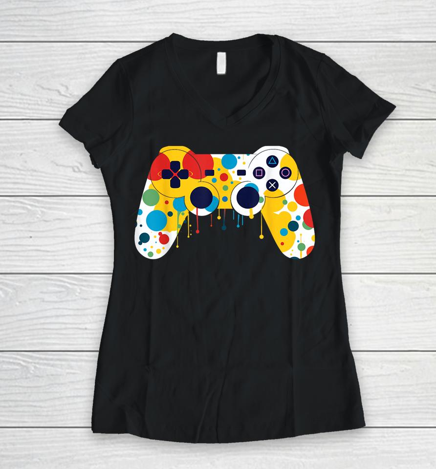 Funny Colourful Polka Dot International Dot Day Video Game Women V-Neck T-Shirt