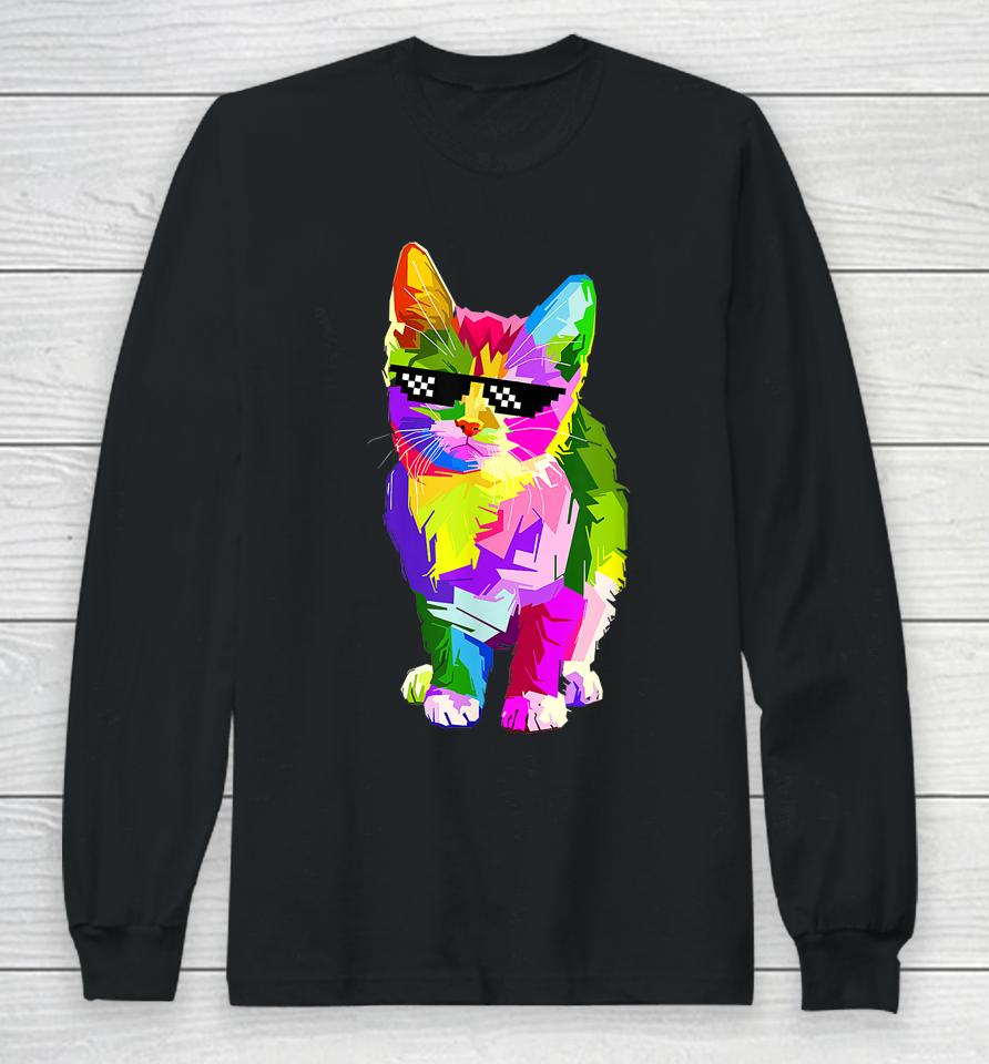 Funny Cute Colorful Cat For Kitten Lovers Colorful Art Kitty Long Sleeve T-Shirt