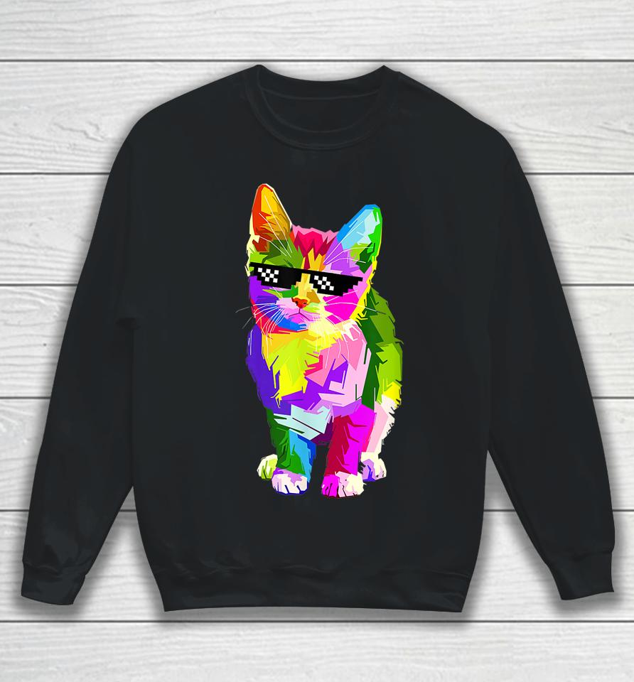 Funny Cute Colorful Cat For Kitten Lovers Colorful Art Kitty Sweatshirt