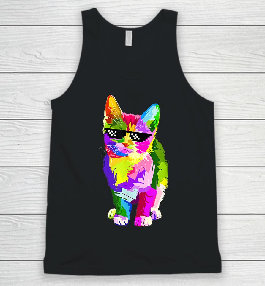 Funny Cute Colorful Cat For Kitten Lovers Colorful Art Kitty Unisex Tank Top
