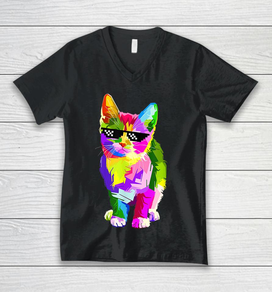 Funny Cute Colorful Cat For Kitten Lovers Colorful Art Kitty Unisex V-Neck T-Shirt