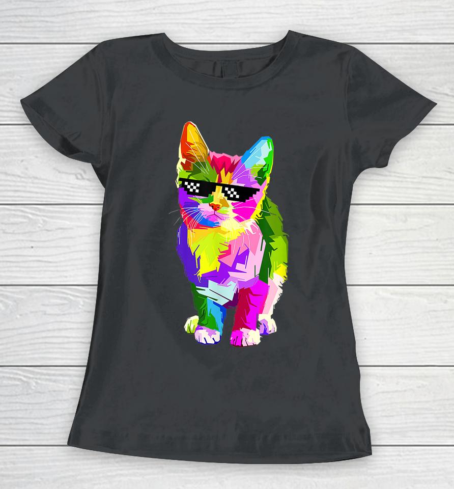 Funny Cute Colorful Cat For Kitten Lovers Colorful Art Kitty Women T-Shirt