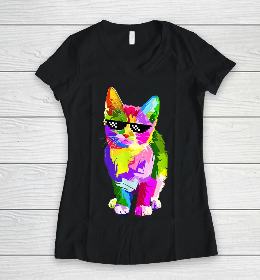 Funny Cute Colorful Cat For Kitten Lovers Colorful Art Kitty Women V-Neck T-Shirt