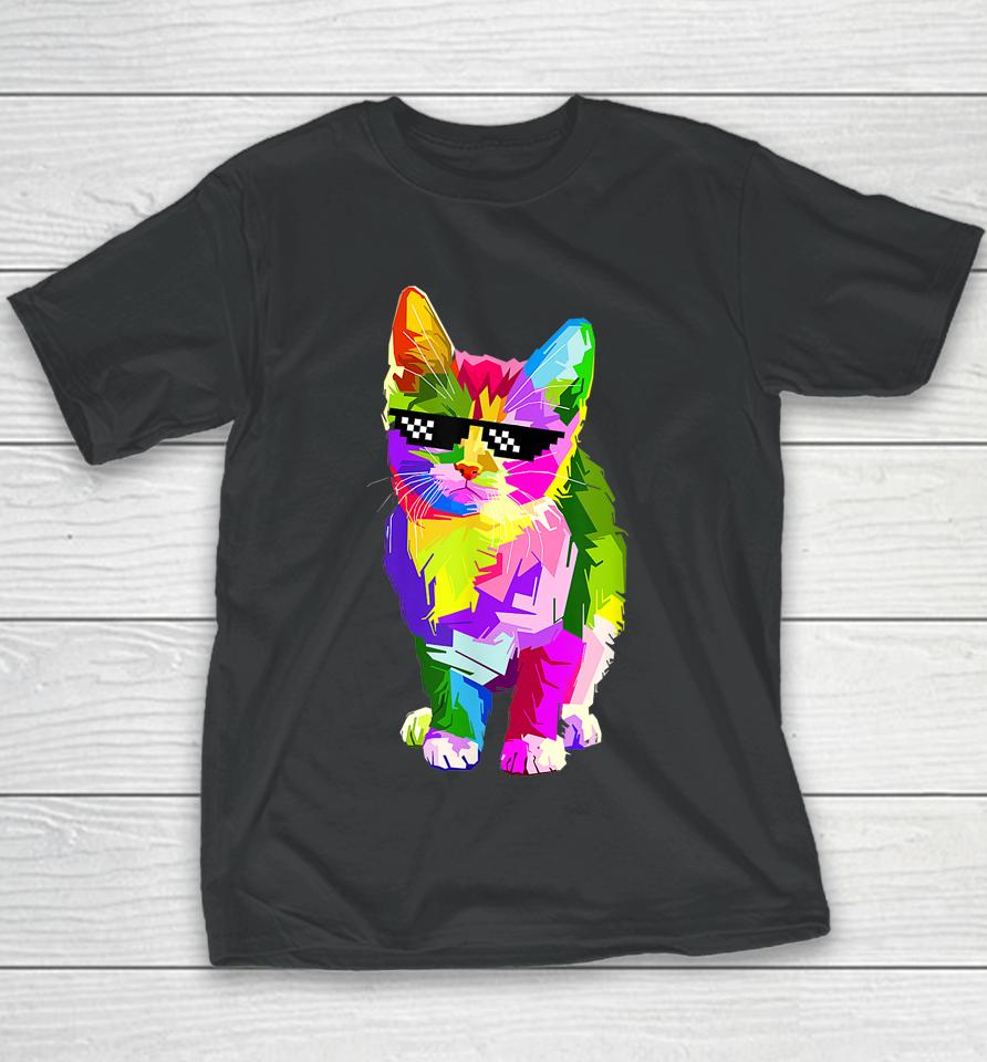 Funny Cute Colorful Cat For Kitten Lovers Colorful Art Kitty Youth T-Shirt