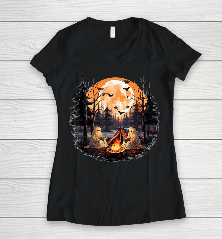 Funny Ghost Book Reading Camping Gothic Halloween Teachers Women V-Neck T-Shirt