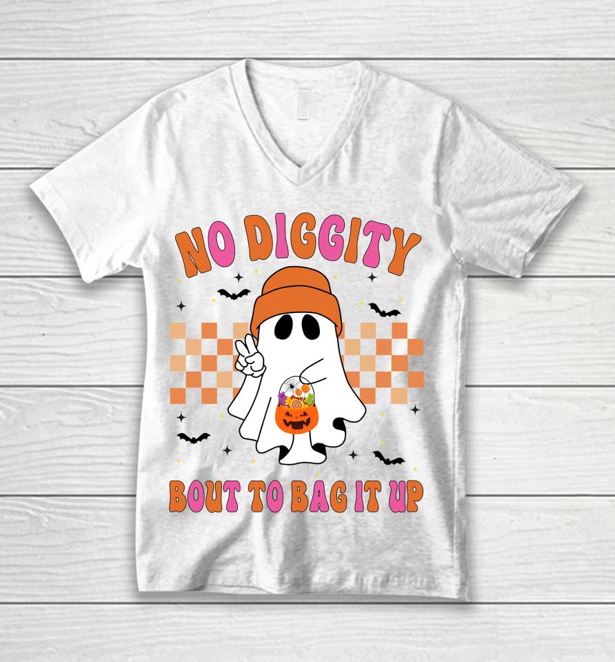 Funny Ghost No Diggity Bout To Bag It Up Spooky Halloween Unisex V-Neck T-Shirt