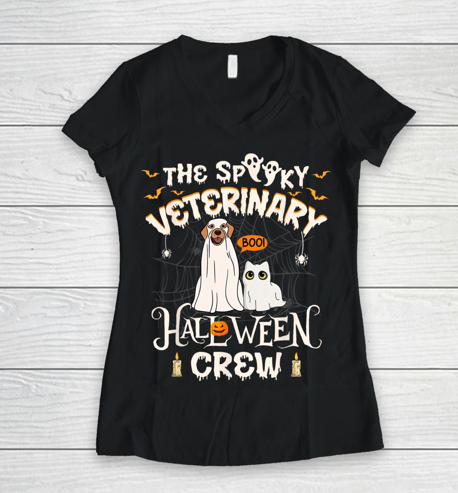 Funny Ghost The Spooky Veterinary Halloween Crew Vet Tech Women V-Neck T-Shirt