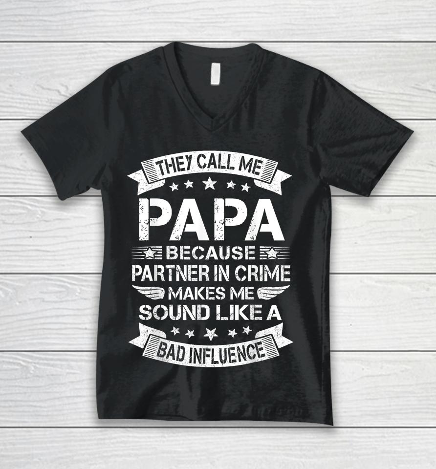 Funny Grandpa , Papa Partner In Crime Dad Fathers Day Unisex V-Neck T-Shirt