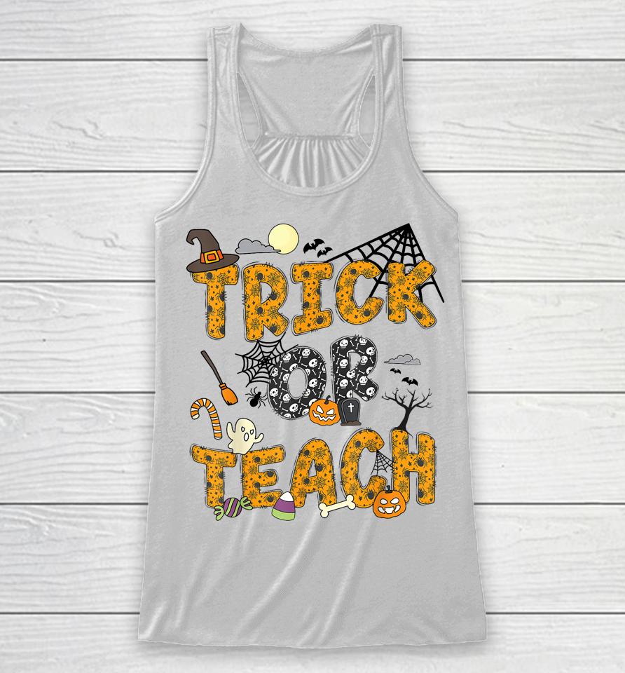 Funny Groovy Halloween Trick Or Teach Ghost Teacher Pumpkin Racerback Tank