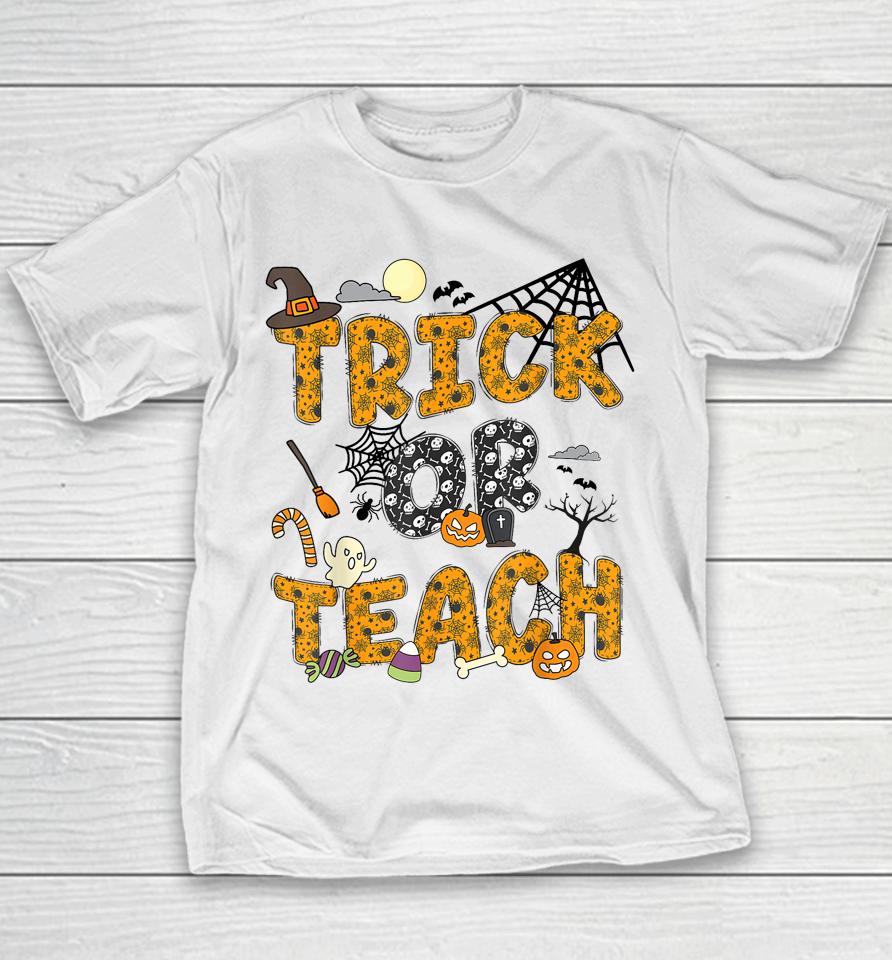 Funny Groovy Halloween Trick Or Teach Ghost Teacher Pumpkin Youth T-Shirt