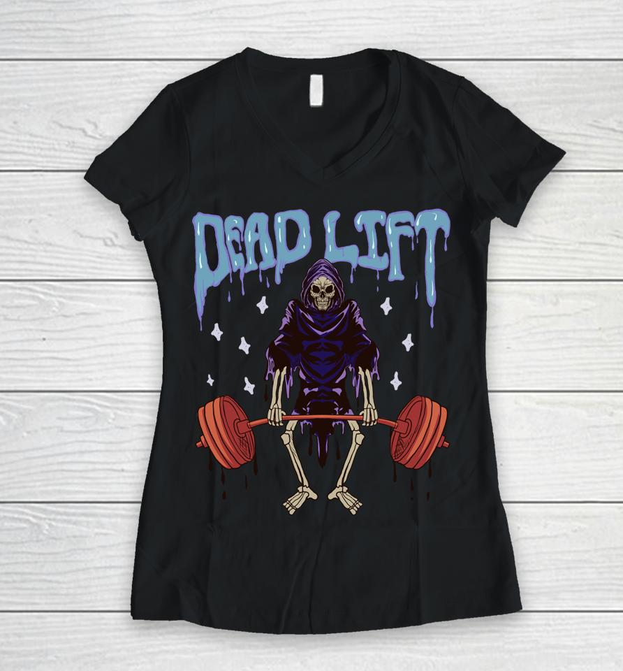 Funny Gym - Grim Reaper Deadlift Workout - Occult Women V-Neck T-Shirt