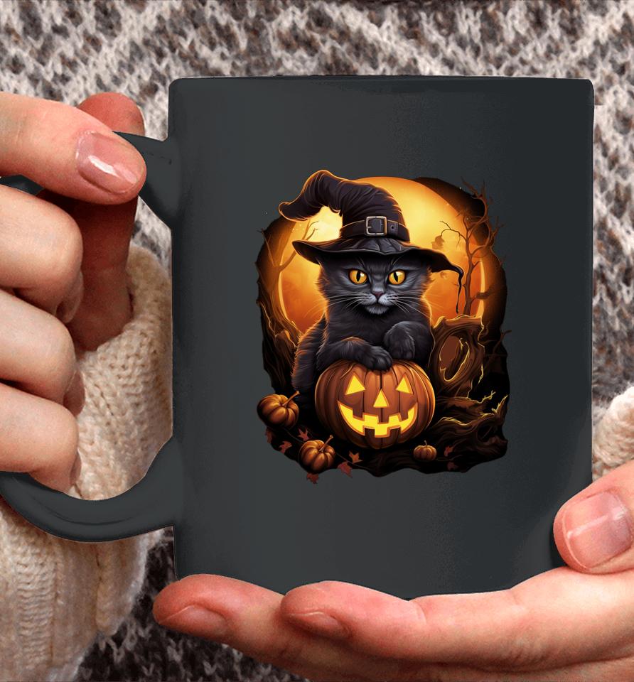 Funny Halloween Black Witch Cat Hat Pumpkin Fall Coffee Mug