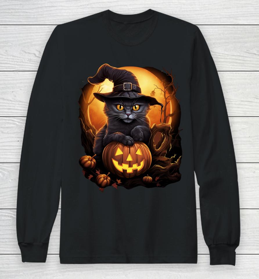 Funny Halloween Black Witch Cat Hat Pumpkin Fall Long Sleeve T-Shirt