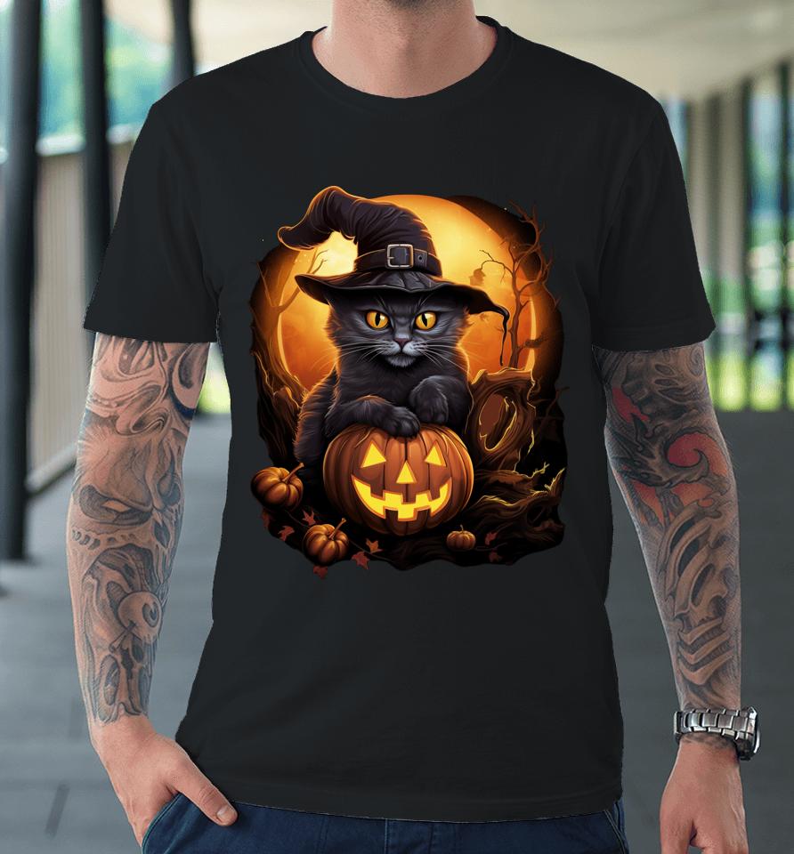 Funny Halloween Black Witch Cat Hat Pumpkin Fall Premium T-Shirt