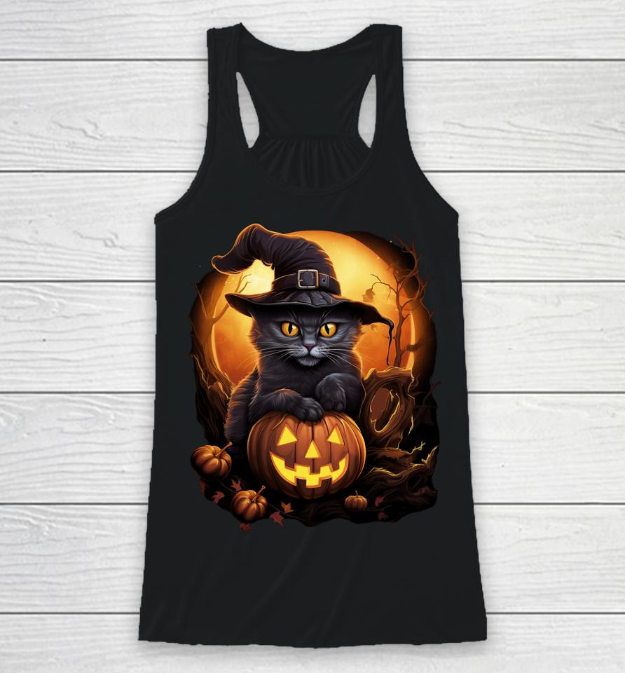 Funny Halloween Black Witch Cat Hat Pumpkin Fall Racerback Tank