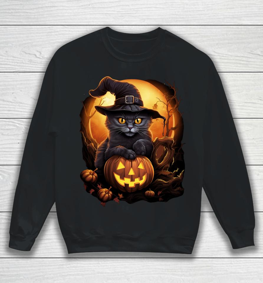 Funny Halloween Black Witch Cat Hat Pumpkin Fall Sweatshirt