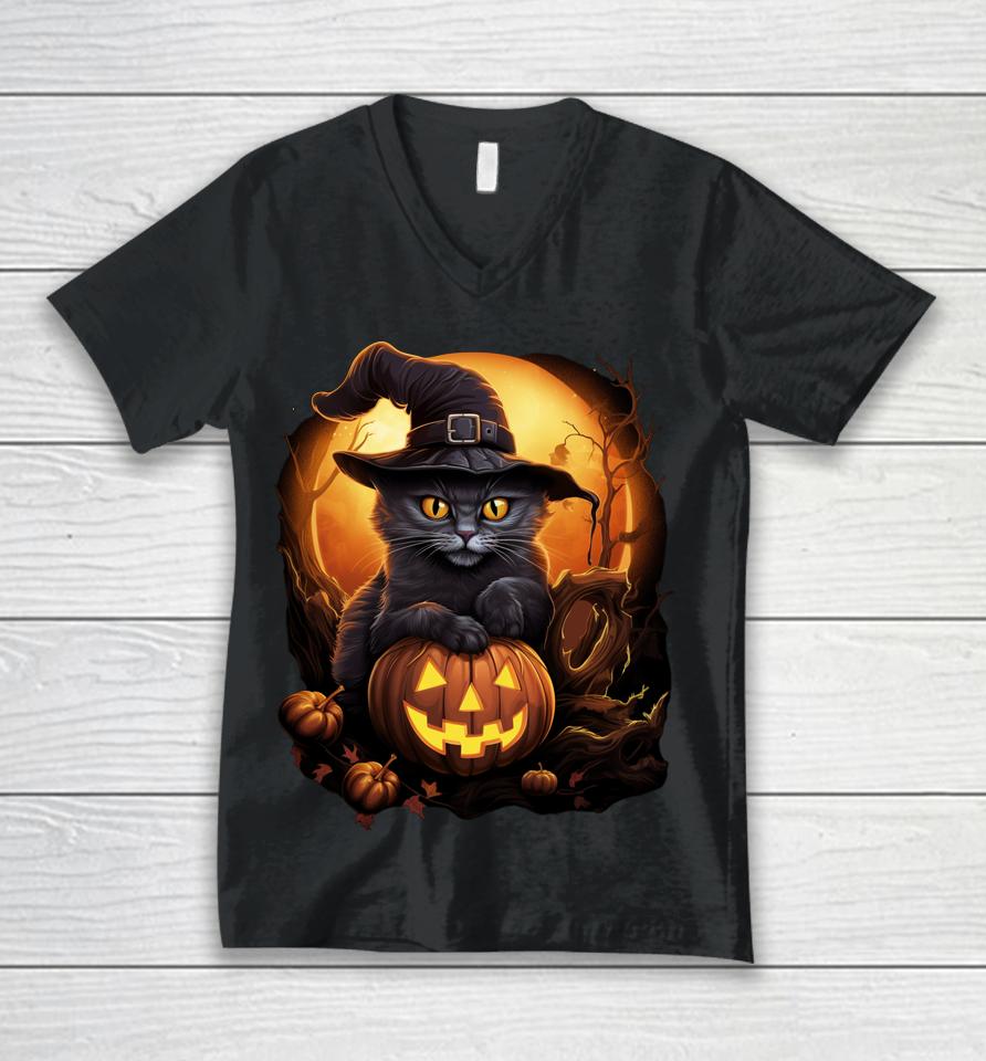 Funny Halloween Black Witch Cat Hat Pumpkin Fall Unisex V-Neck T-Shirt