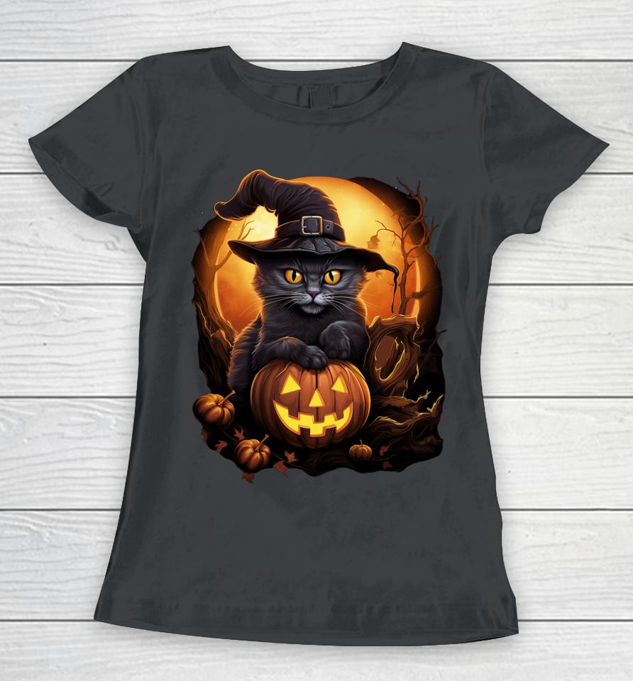 Funny Halloween Black Witch Cat Hat Pumpkin Fall Women T-Shirt