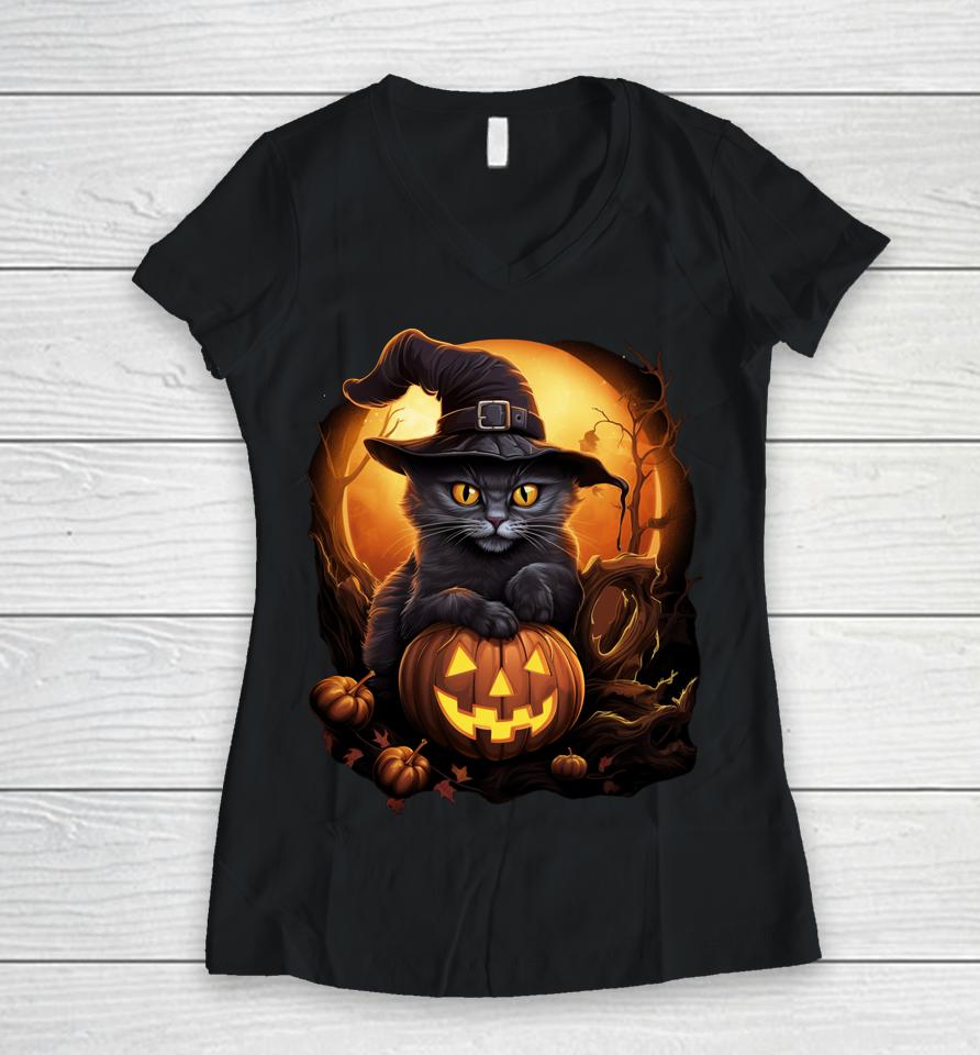 Funny Halloween Black Witch Cat Hat Pumpkin Fall Women V-Neck T-Shirt