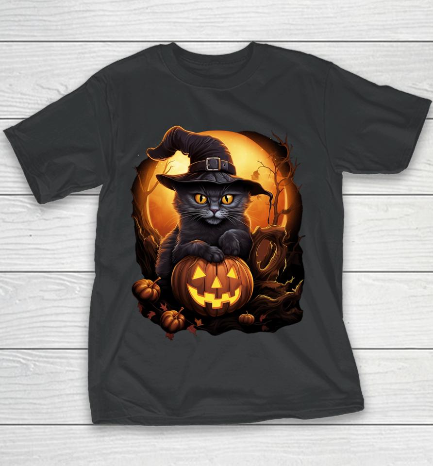 Funny Halloween Black Witch Cat Hat Pumpkin Fall Youth T-Shirt