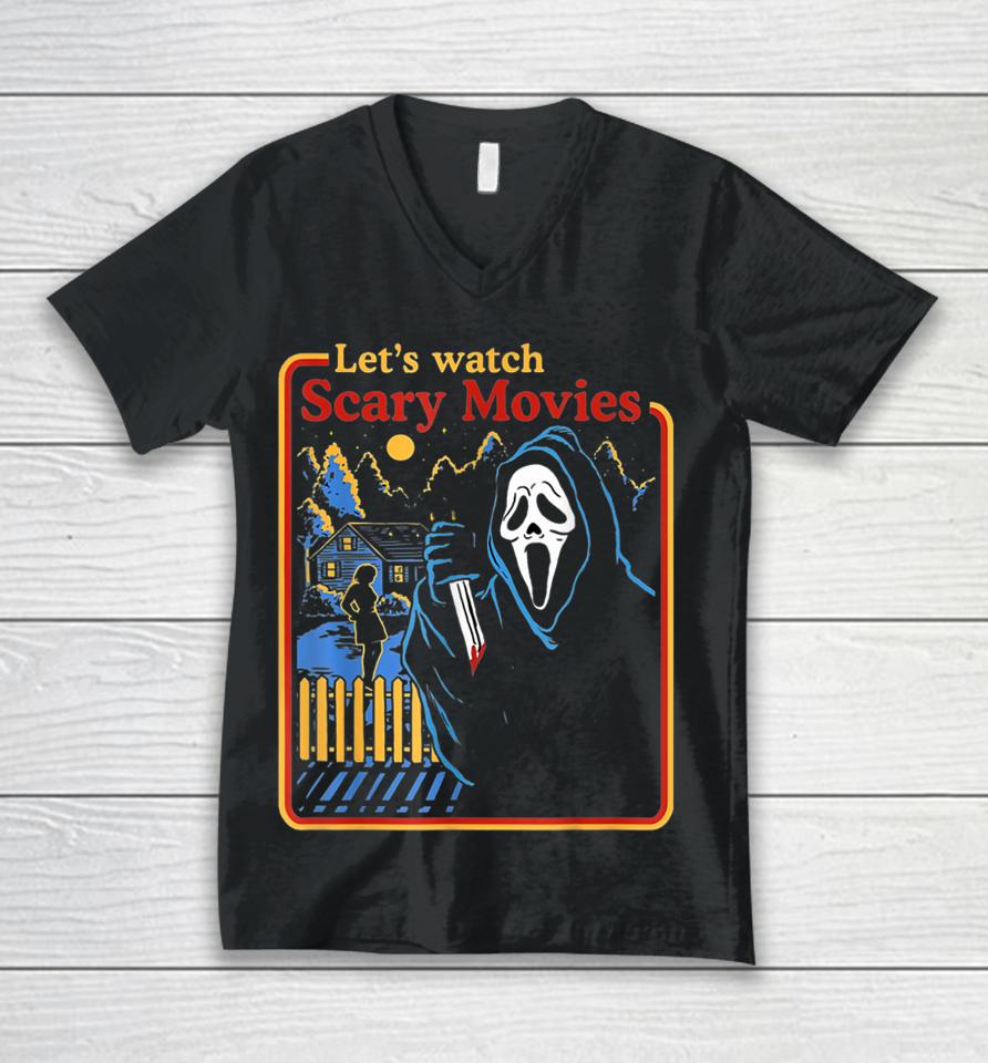 Funny Halloween Let’s Watch Scary Horror Movies Ghost Unisex V-Neck T-Shirt