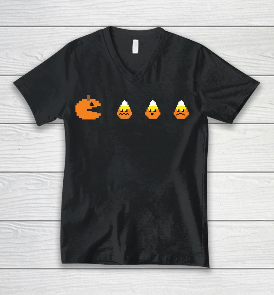 Funny Halloween Shirt 8-Bit Gaming Pumpkin Eating Candy Corn Unisex V-Neck T-Shirt