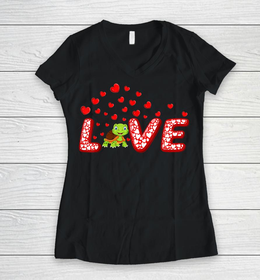Funny Hearts Love Turtle Valentine's Day Women V-Neck T-Shirt