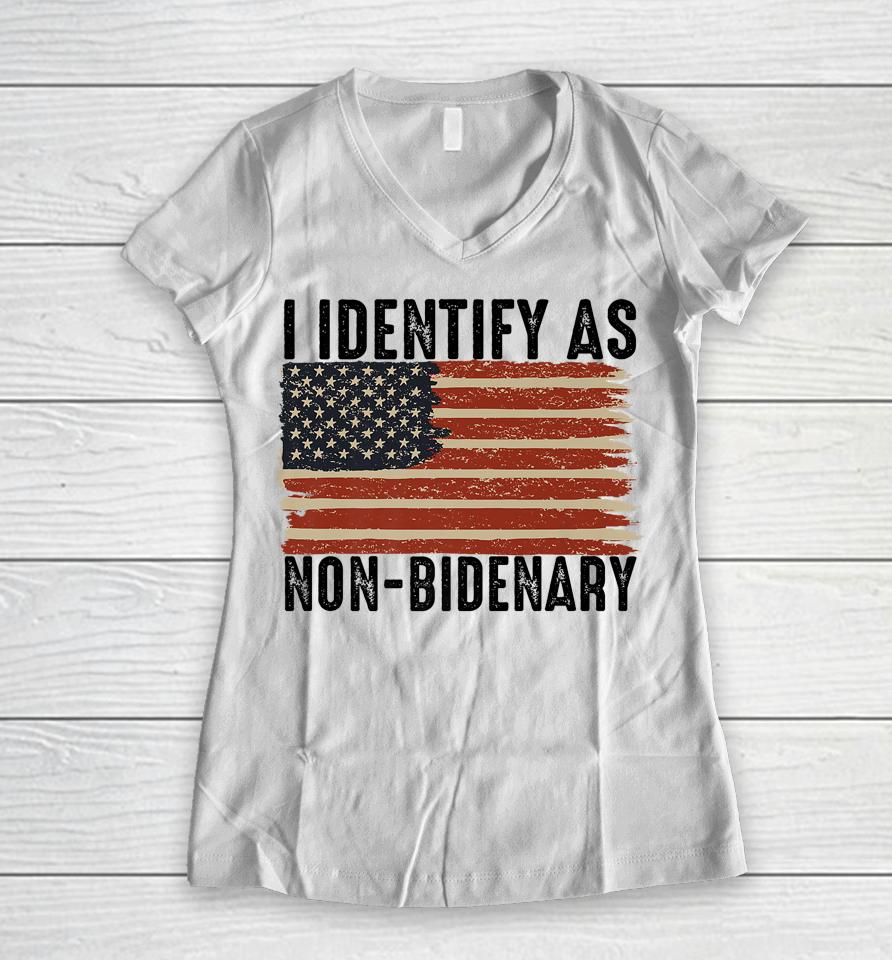Funny I Identify As Non-Bidenary Anti Joe Biden Us Flag Women V-Neck T-Shirt