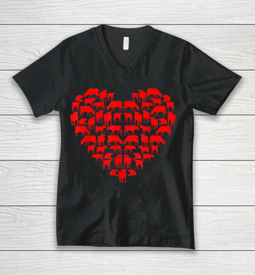 Funny I Love My Cows Lovers Farmers Hearts Valentine's Day Unisex V-Neck T-Shirt