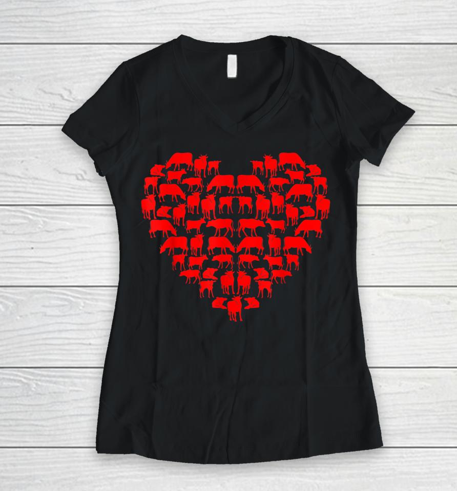 Funny I Love My Cows Lovers Farmers Hearts Valentine's Day Women V-Neck T-Shirt