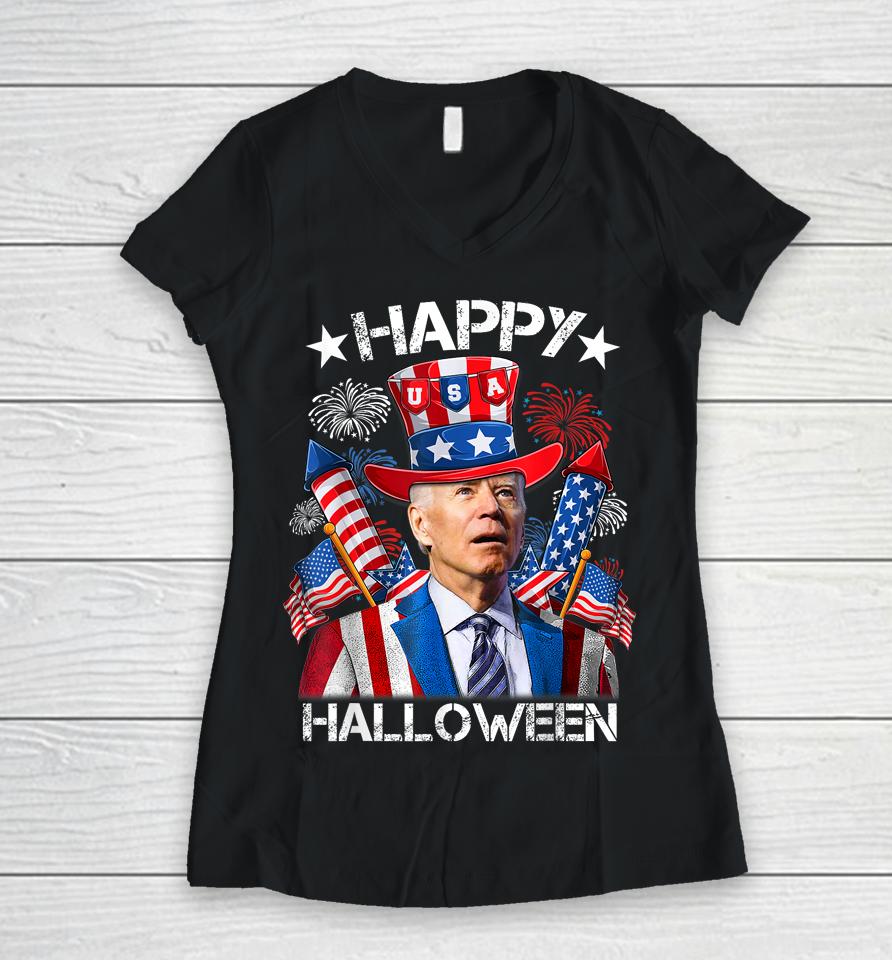 Funny Joe Biden 4Th Of July Shirt Happy Halloween Firework Women V-Neck T-Shirt