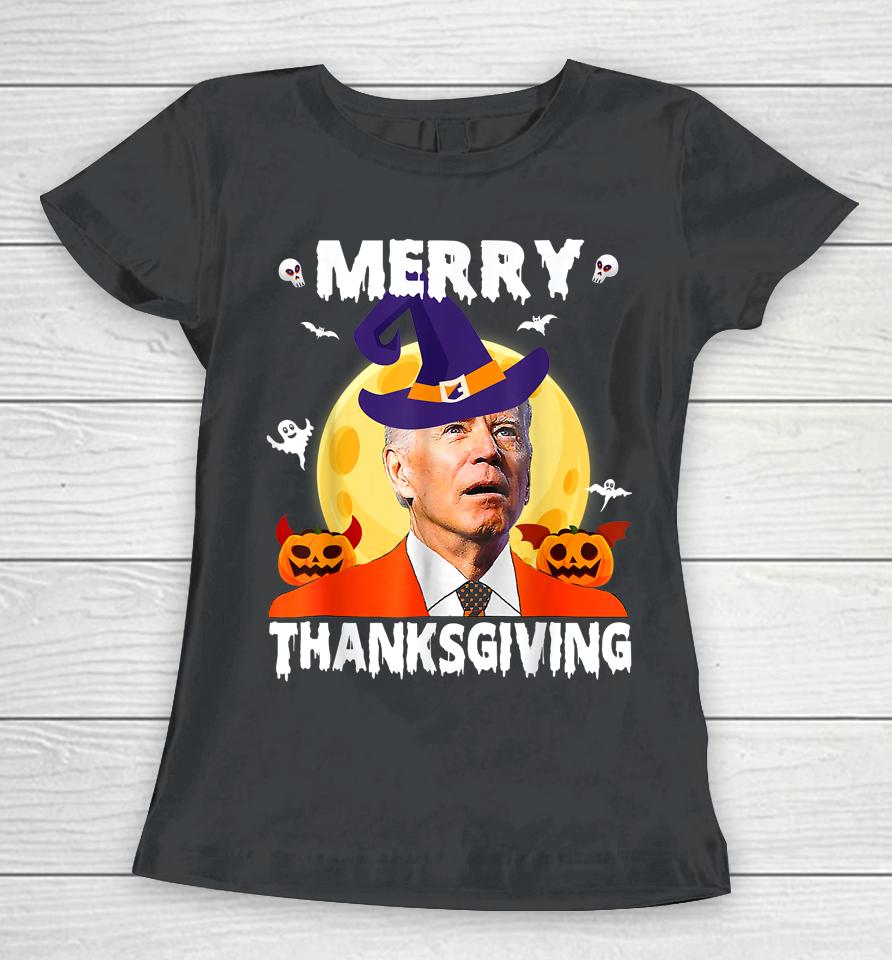 Funny Joe Biden Confused Merry Thanksgiving For Halloween Women T-Shirt