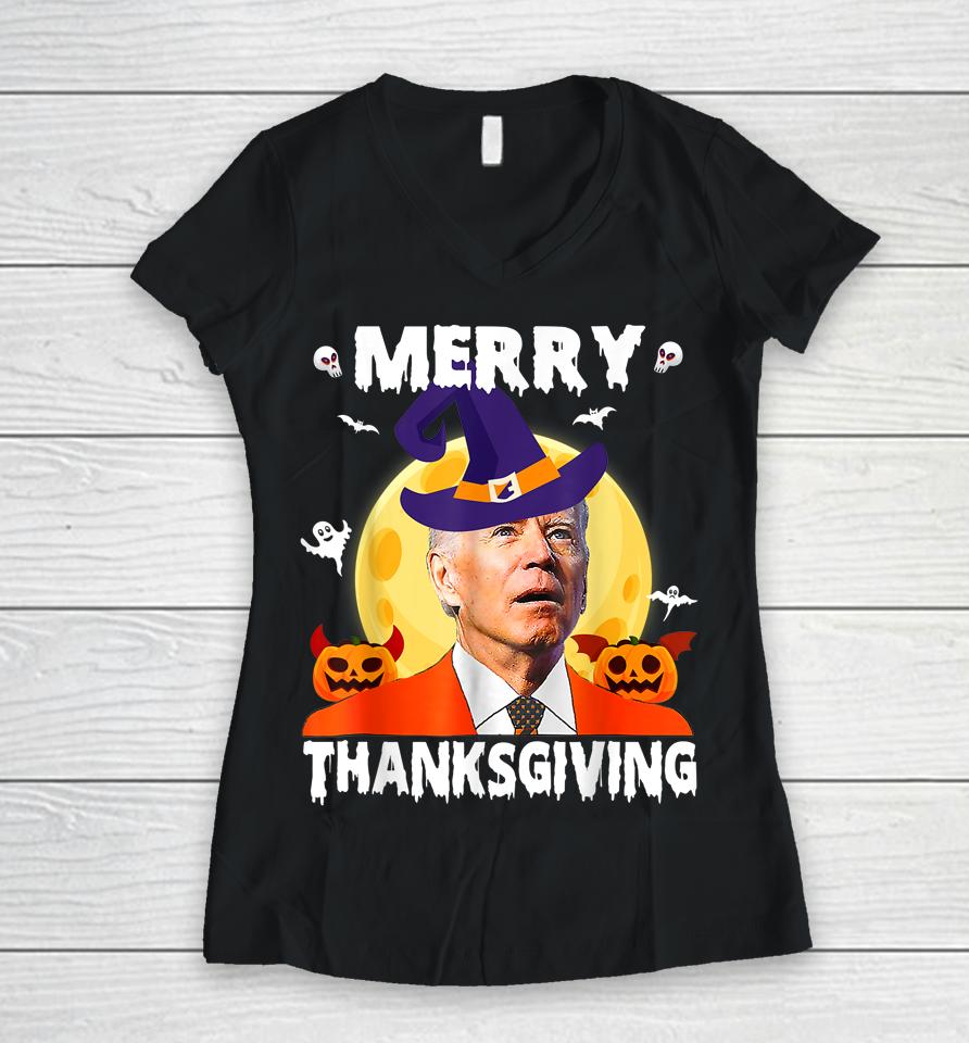 Funny Joe Biden Confused Merry Thanksgiving For Halloween Women V-Neck T-Shirt